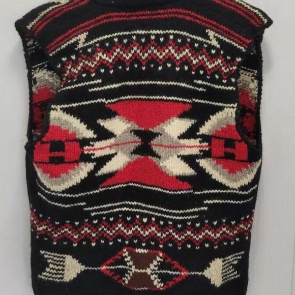 Polo Ralph Lauren Wool Vest Knitted Aztec Argyle Black/Red Button Up Size Medium - Picture 3 of 12